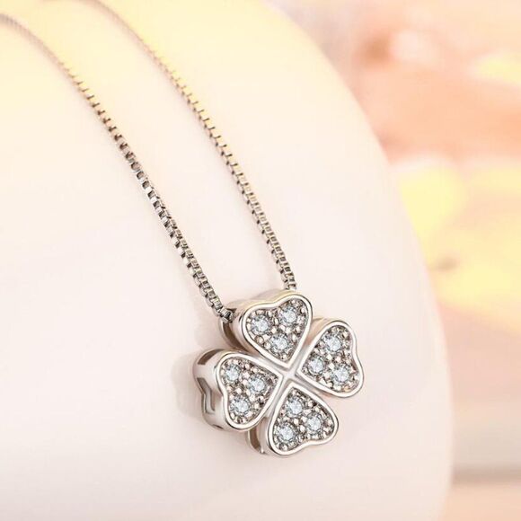 Sterling Silver Four-Leaf Clover Zirconia Pendant Necklace - Picture 1 of 8